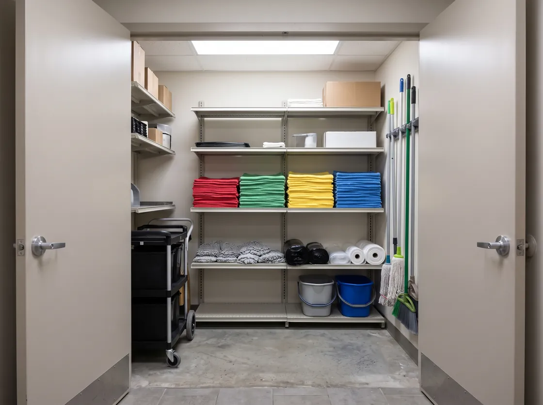 Organized janitorial closet with folded color-coded microfibre cloths and mops hung on a rack