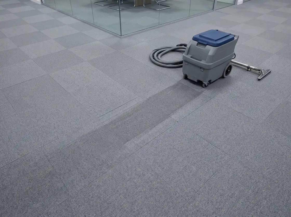 Commercial carpet tiles in an office corridor with a portable extractor resting on the floor