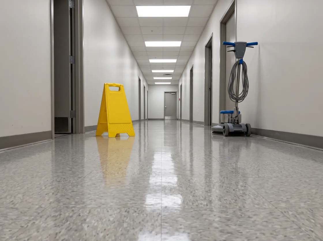 Office corridor with freshly waxed vinyl tile, a yellow wet floor sign and a parked floor burnisher