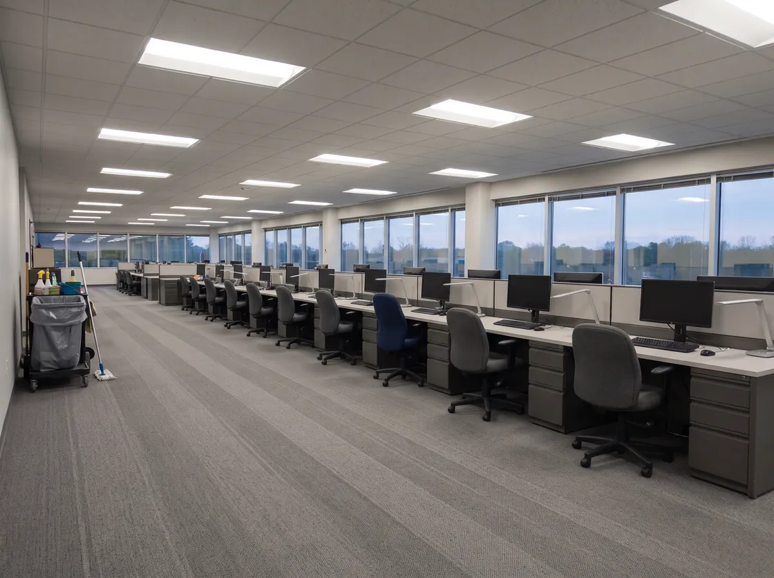Open-plan office after hours with wiped desks, pushed-in chairs and vacuum lines on the carpet