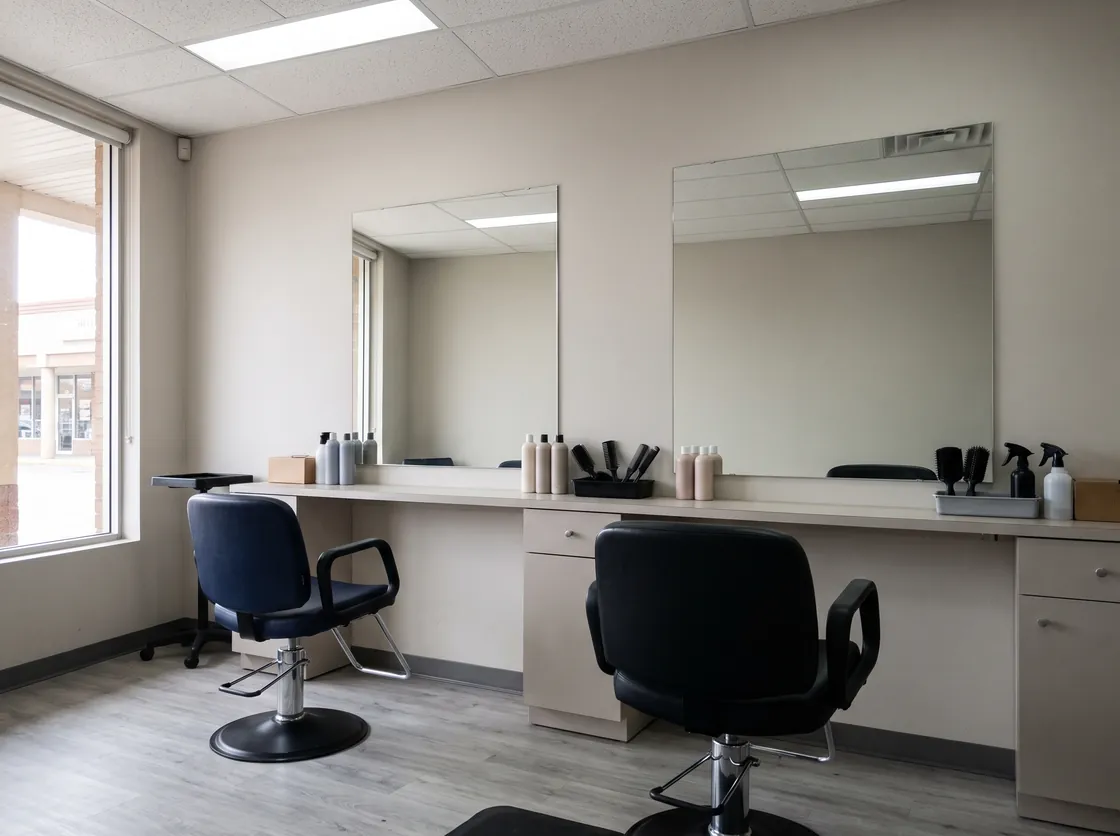 Small hair salon after closing with two clean styling stations, wiped chairs and a swept floor