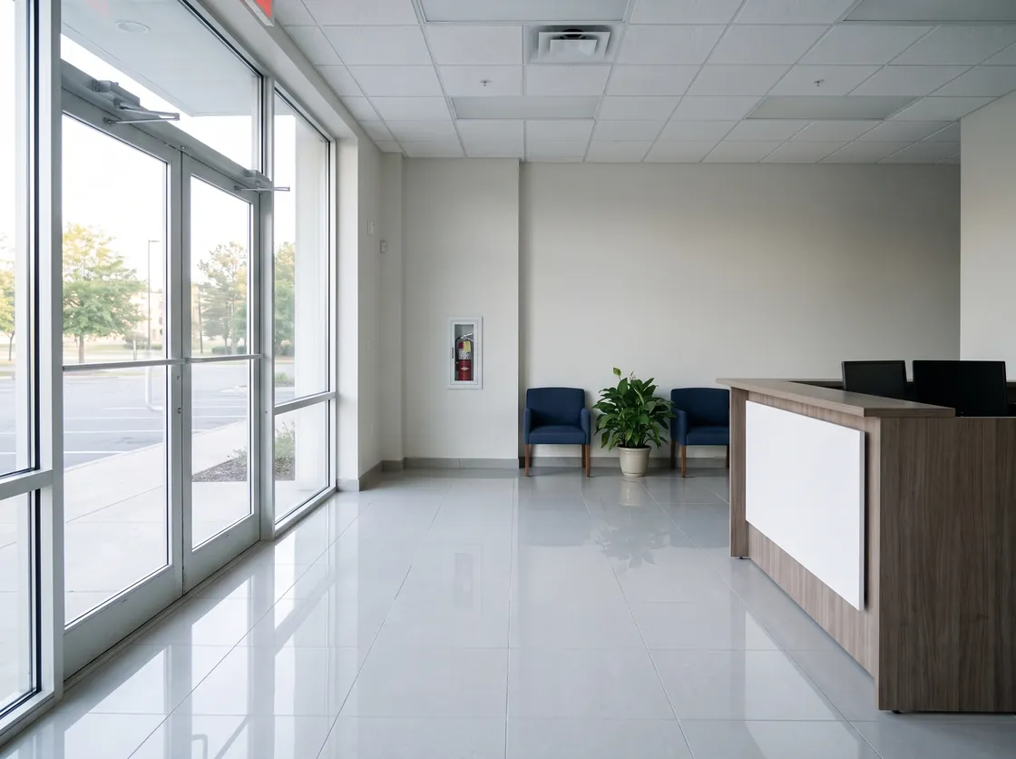 Bright office building lobby with glass entrance doors, a clean floor and an empty reception desk