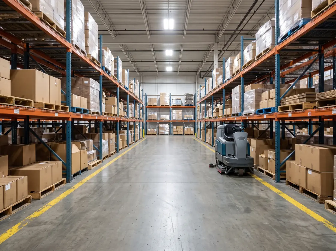 Warehouse aisle between pallet racking with a clean sealed concrete floor and a parked floor scrubber